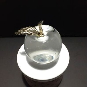 Clear Glass Apple Paperweight with Silver Coloured Leaf